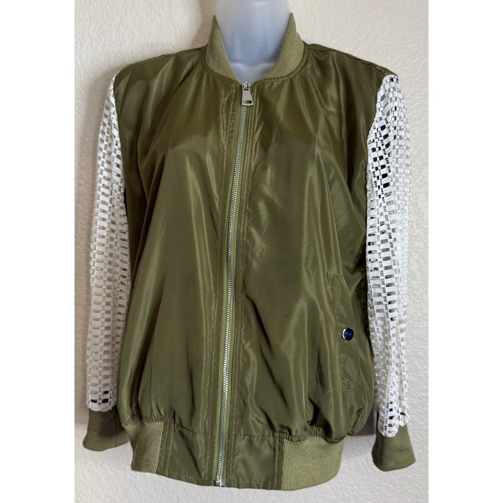 Womens Large Bomber Jacket Olive Green White‎ Lace Sleeve Full Zip Utility Boho